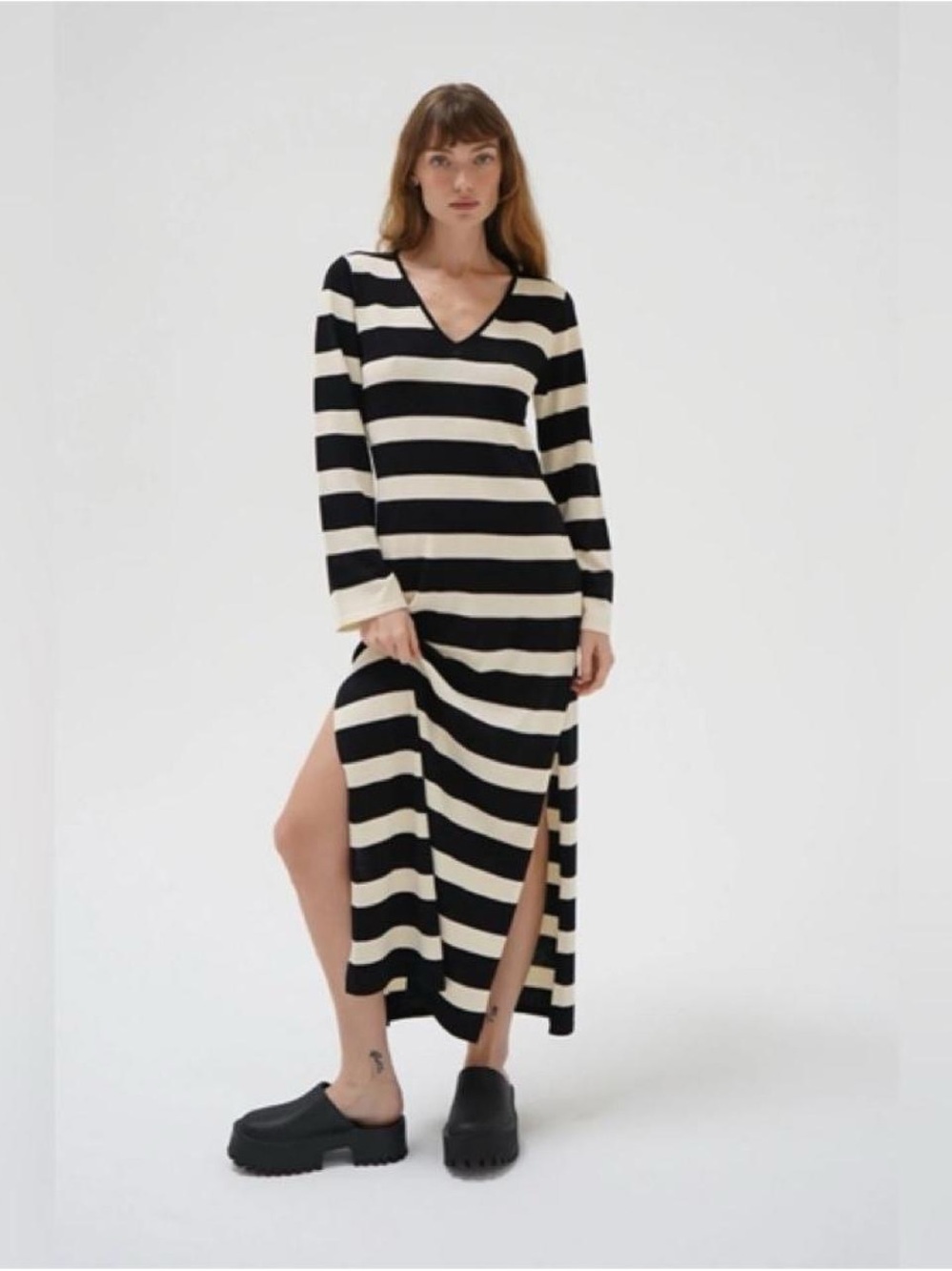 LNA Black & Cream Striped V‑Neck Maxi Dress